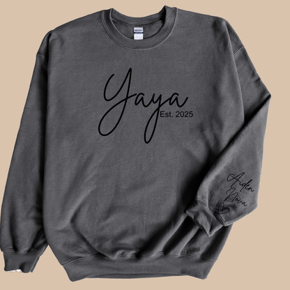 Personalized Yaya Sweatshirt with Grandkids’ Names & Established Year
